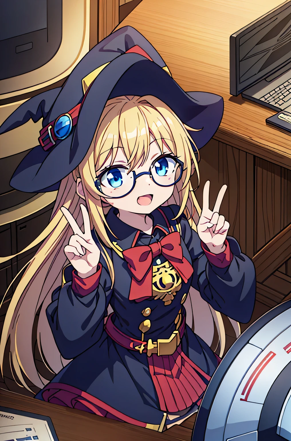 Young anime girl, long blonde hair, blue eyes, nerd, round glasses, witch outfit, Very happy, One hand on top of head making gesture, Peace, V, hand with 5 fingers posters, computer, gaming PC, video game controller, Mech Robot Toy