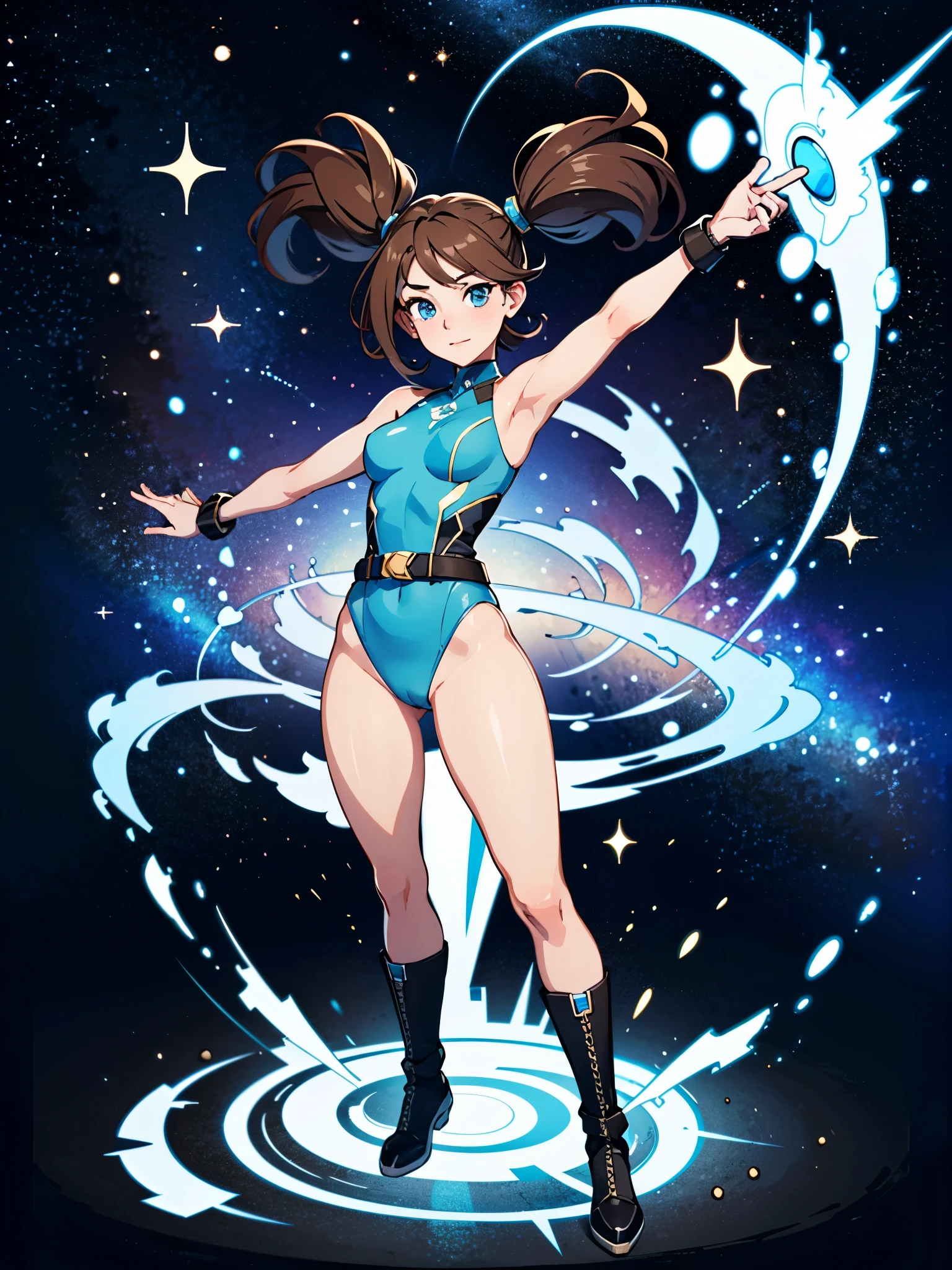 (((pixel-perfect, detail-perfect))), 1girl, superhero, leotard, highleg leotard, bare legs, boots, standing, solo focus, golden belt, spread arms, spins fast in place like a tornado, full body shot, outer space, sleeveless, ultra highres, absurdres, beautiful face, detailed eyes, symmetric eyes, perfect body, good proportions, mature lady, brown hair, bob hair, (blue light, light swirls around her body), ((only five fingers))