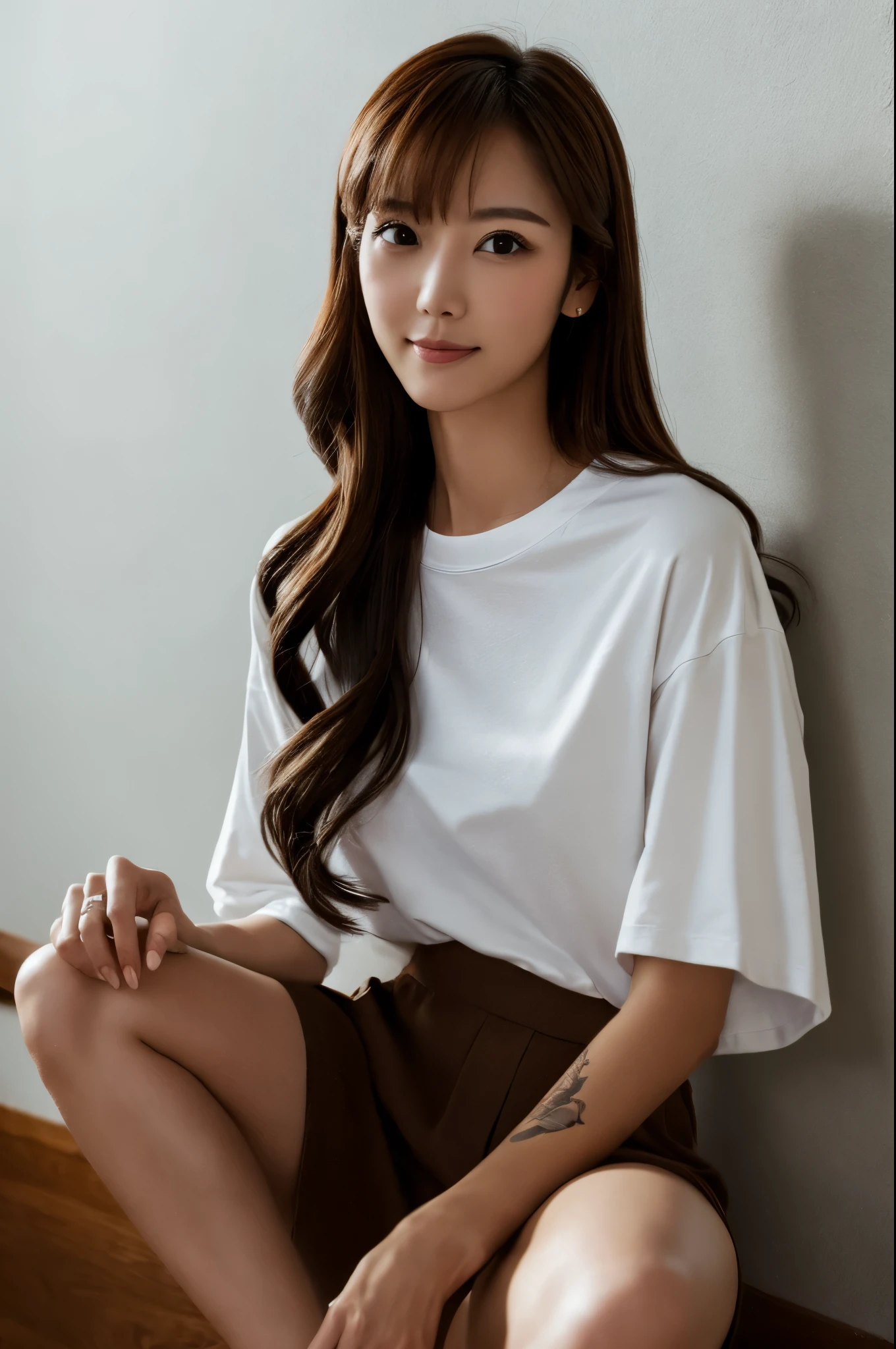 A skinny Japanese lady, long wavy hair, wearing (long T-shirt:1.3), sitting in a dark room. The walls are painted in soft white. Realistic, Photorealistic, High quality, RAW photograph, detailed background, highly detailed, sharp focus, high resolution, 8k, uhd, dslr, realistic eyes, perfect eyes,