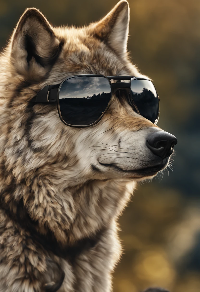 Ein Wolf in einem schwarzen Schafspelz mit Sonnenbrille auf mitten in einer Schafsherde auf einer riesigen Weide,Meisterwerk, Realistisch, sehr detailliert, best quality, photorealistic, hyperrealistisch, high_resolution, ultra high Details, cinematic, 4k, 8k