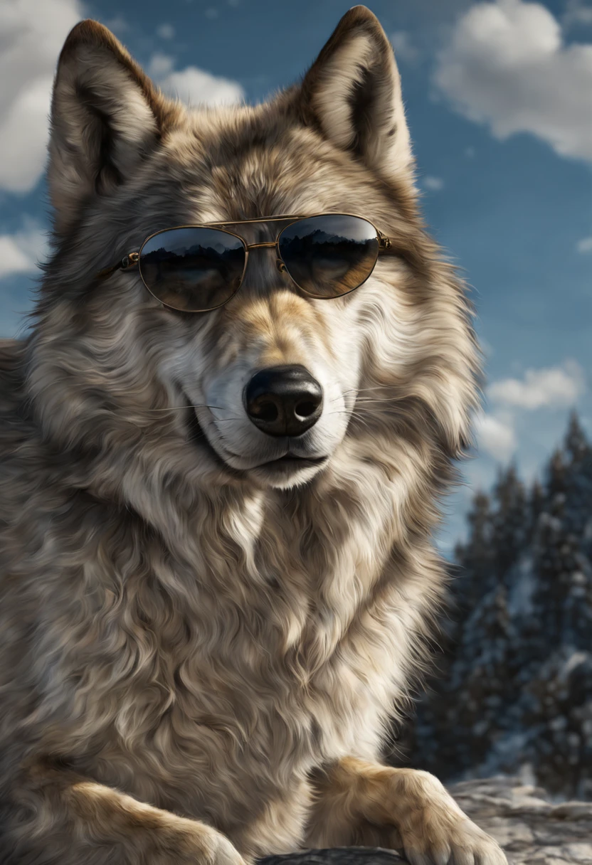 Ein Wolf in einem schwarzen Schafspelz mit Sonnenbrille auf mitten in einer Schafsherde auf einer riesigen Weide,Meisterwerk, Realistisch, sehr detailliert, best quality, photorealistic, hyperrealistisch, high_resolution, ultra high Details, cinematic, 4k, 8k