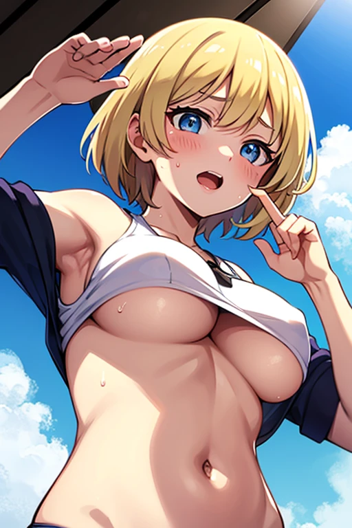 one woman,highest quality,masterpiece,Super high quality,Detailed contours,anime characters,blonde,she looks down, Upper body,beautiful breasts,big breasts,from below,underboob,erect nipples,open your mouth,cute face,beautiful eyes,beautiful animation,short hair,sweat all over,Belly exposure,blue sky,chest exposure,raise both hands,