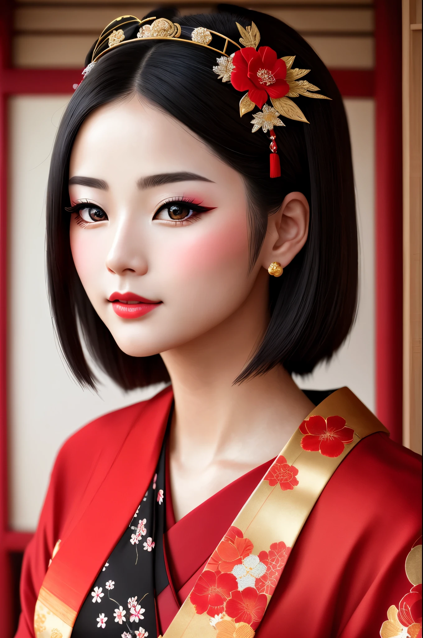 ung geisha, traditional japanese beauty, kimono with highly detailed traditional pattern, kanzashi and other japanese traditional women's hair ornaments, flirts with camera, seducing smile, ultra sexy, fancy makeup, heavy eye makeup, red lipstick, in traditional japanese interior, (Best Quality, 16K, Masterpiece, UHD, Ultra quality cinematic lighting, Huge detail, Well lit, 35mm, sharp, hyper realistic, epic scale, insane level of details, beautiful detailed girl, very detailed eyes and face, beautiful detailed eyes, ultra detailed skin, realistic skin)