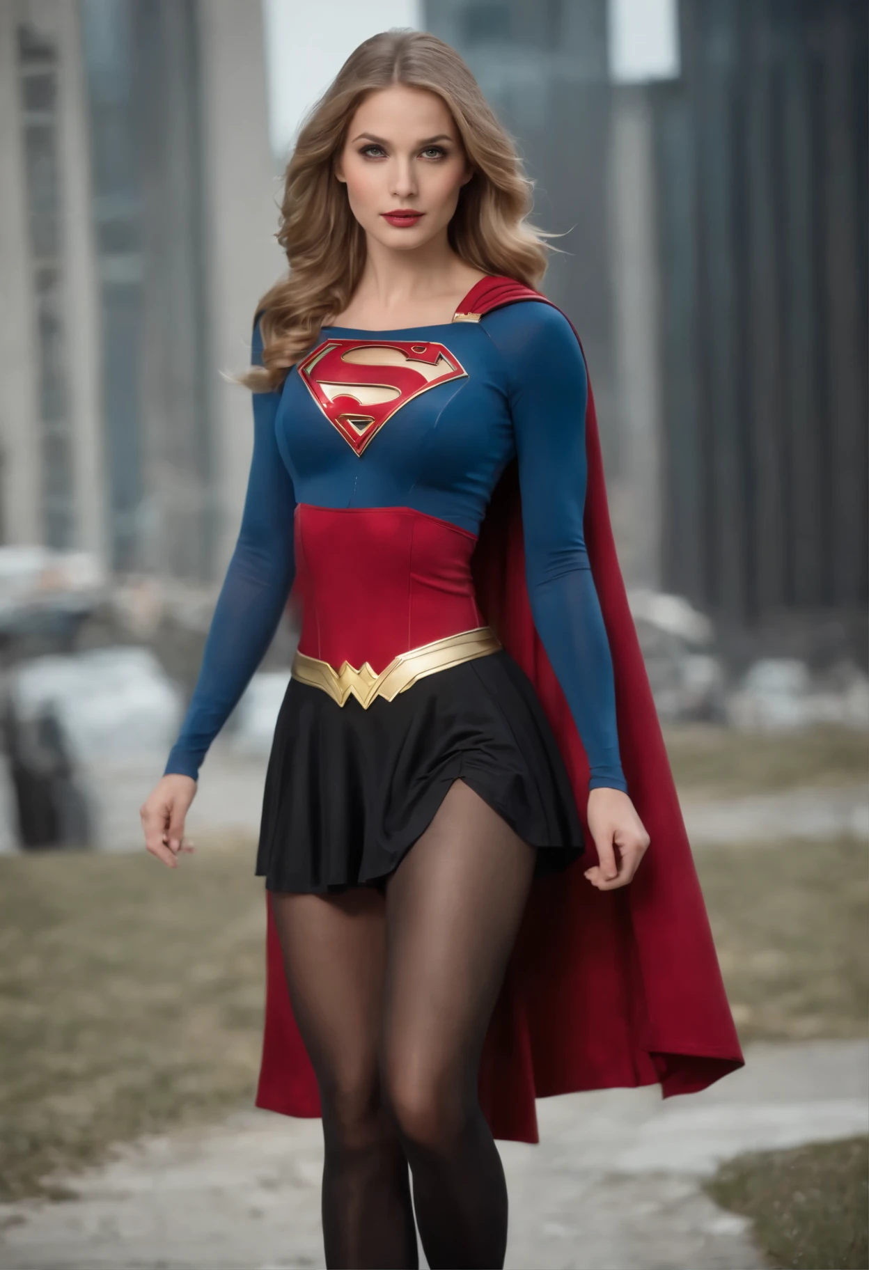 Corps de femme ensemble gros seins, Supergirl costume dress, 16K quality, hyper detailed with black tights black stockings