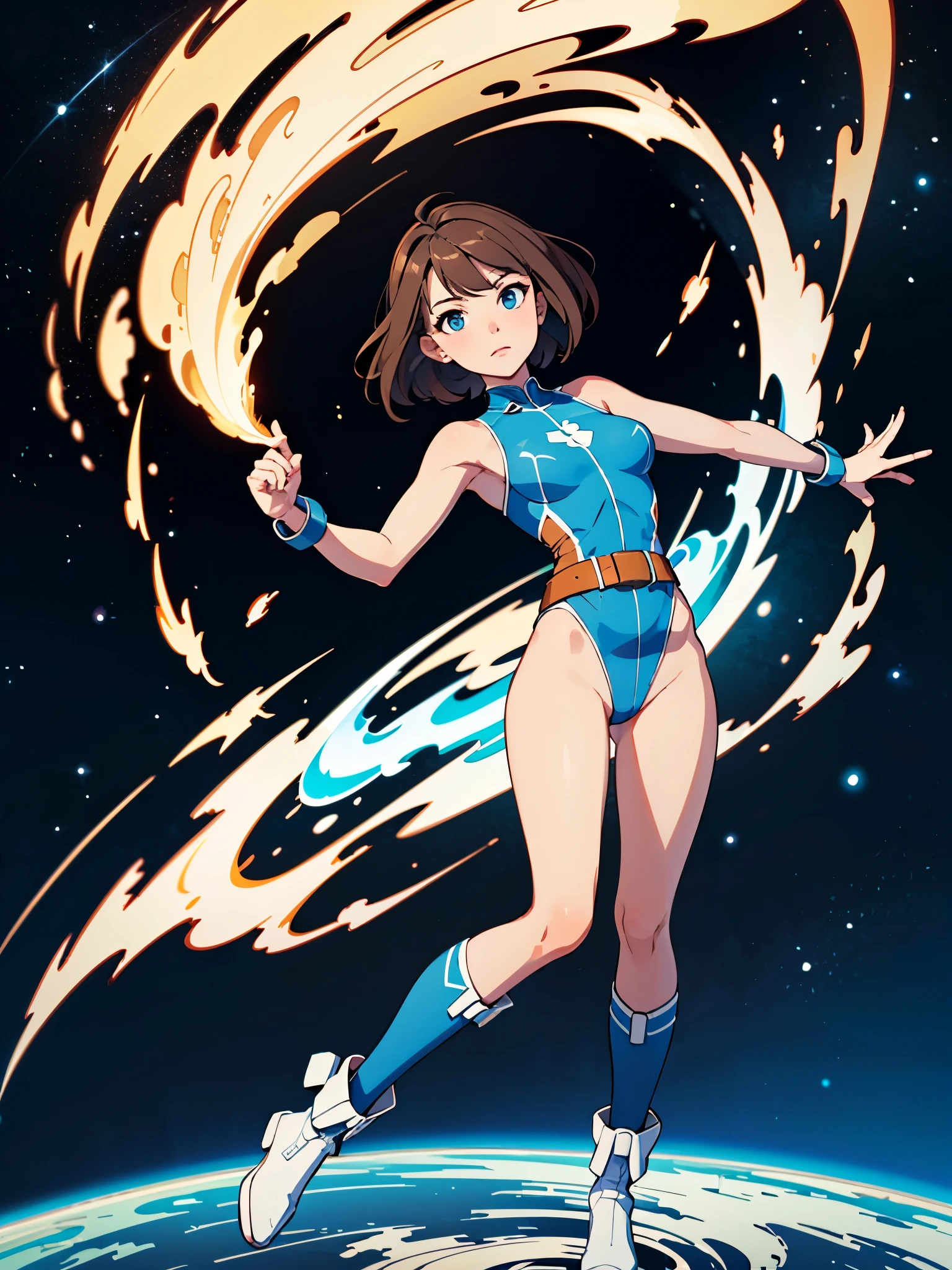 (((pixel-perfect, detail-perfect))), 1girl, superhero, leotard, highleg leotard, bare legs, boots, standing, solo focus, golden belt, spread arms, spins fast in place like a tornado, full body shot, outer space, sleeveless, ultra highres, absurdres, beautiful face, detailed eyes, symmetric eyes, perfect body, good proportions, mature lady, brown hair, bob hair, (blue light, light swirls around her body), ((only five fingers))