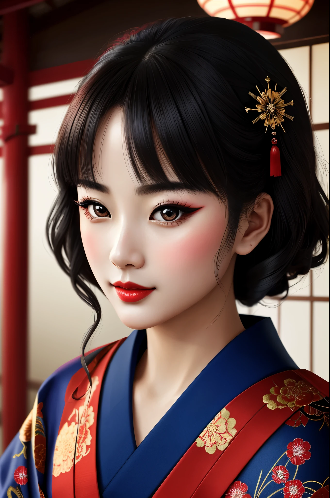 ung geisha, traditional japanese beauty, kimono with highly detailed traditional pattern, kanzashi and other japanese traditional women's hair ornaments, flirts with camera, seducing smile, ultra sexy, fancy makeup, heavy eye makeup, red lipstick, in traditional japanese interior, (Best Quality, 16K, Masterpiece, UHD, Ultra quality cinematic lighting, Huge detail, Well lit, 35mm, sharp, hyper realistic, epic scale, insane level of details, beautiful detailed girl, very detailed eyes and face, beautiful detailed eyes, ultra detailed skin, realistic skin)