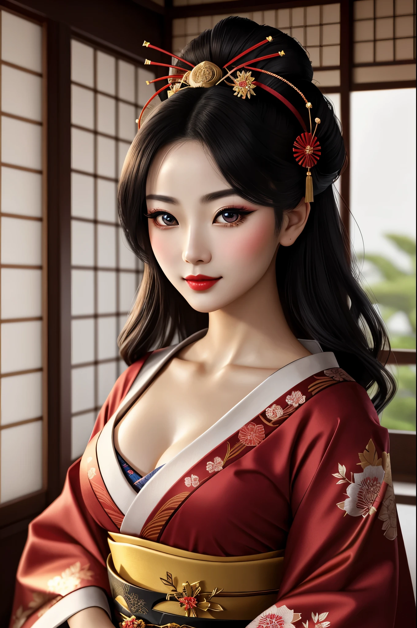 1 young geisha, traditional japanese beauty, kimono with highly detailed traditional pattern, kanzashi and other japanese traditional women's hair ornaments, flirts with camera, seducing smile, ultra sexy, fancy makeup, heavy eye makeup, red lipstick, in traditional japanese interior, (Best Quality, 16K, Masterpiece, UHD, Ultra quality cinematic lighting, Huge detail, Well lit, 35mm, sharp, hyper realistic, epic scale, insane level of details, beautiful detailed girl, very detailed eyes and face, beautiful detailed eyes, ultra detailed skin, realistic skin)