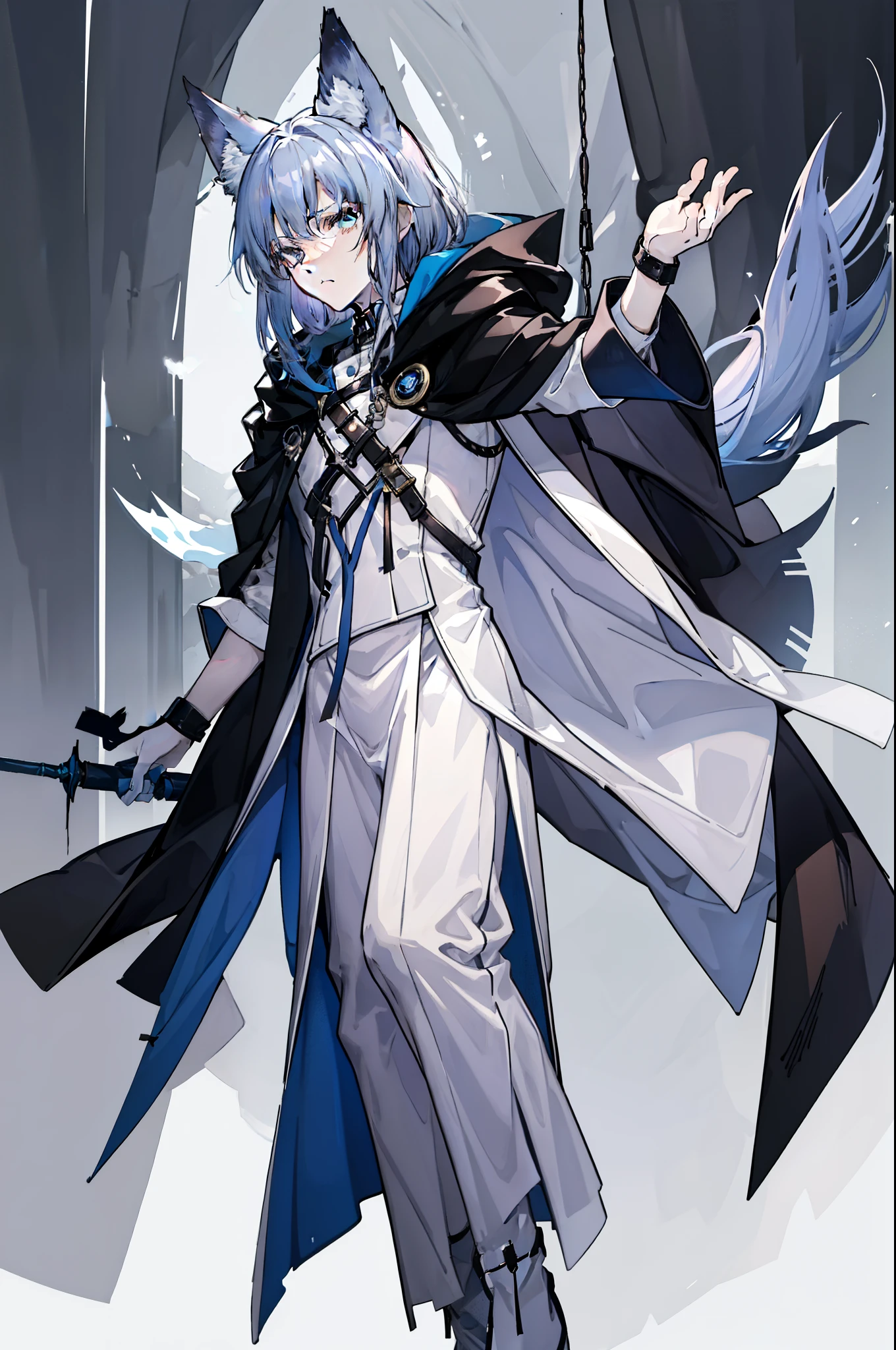 (masterpiece), best quality, expressive eyes, perfect face, 1boy, soght shade hair, fox tail, blue grey hair, fox boy, fox guy, kemonomimi, young male, young boy, fox ears, light blue grey hair, lavender mist color hair and tail, pale blue hair, bluish cyan hair), azure eyes with yellow under shade, yellow eye highlights, azure eyes, (leather robe, brown cape, dark hood), (kid, 17 year old, scared, trauma, afraid, young man), (minimal accessories, satchel, sling bag), staff, spellcasting staff, short young boy, young boy, traumatized, scared and hiding, hiding, poor, ragged clothes, scratched clothing, scared, poor clothing, not rich, basic clothing, short bangs, big eyes, dark brown robe, brown pants, rope tied, fox tail, scared, young face, eyebags, black pants ,full body