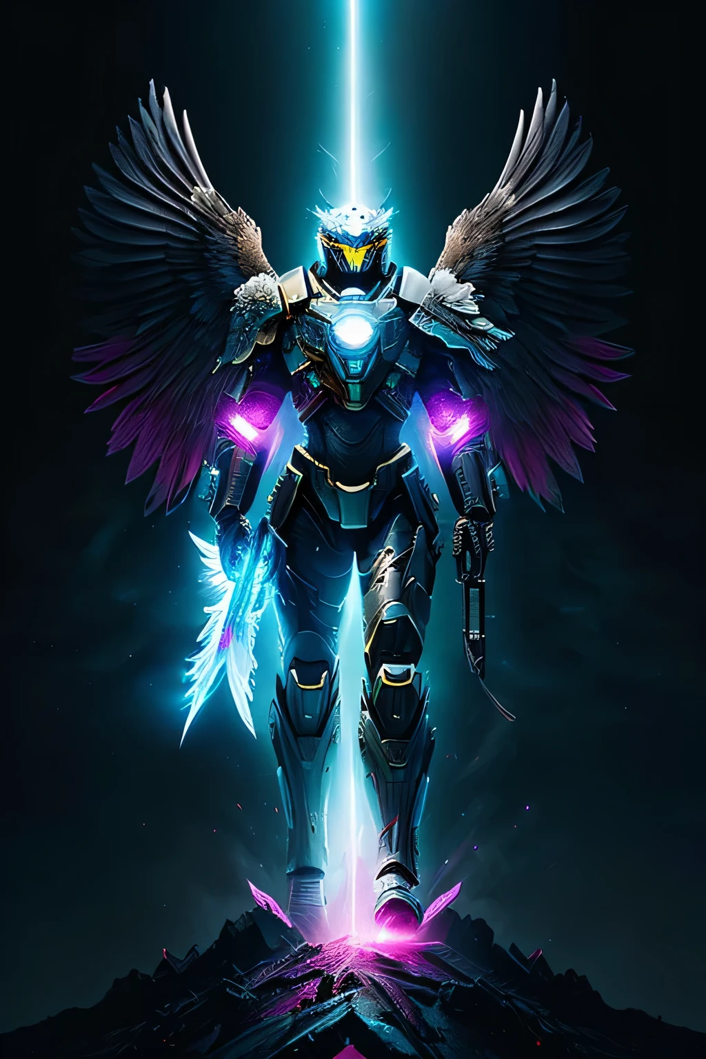 Eagle Falcon Warrior,Eagle head mask,Hawkeye,eagle beak, An eagle warrior with the face and wings of an eagle hawk stands in front of the alien city,Close-up of the eagle hawk,Asas enormes brilham, Beautiful and elegant King Falcon,The head is the head of an eagle,((melhor qualidade)), ((obra-prima)), (alto detalhe:1.3), 3D, machine gun in hand,(personagem cyber punk:1.2) Special Operations, Robbot,(Uniformes armados:1.1), colete a prova de balas, capa de chuva, numero (disfarce: 1.3),Symmetrical Epic Fantasy Art, HDR(High-range dynamics), rastreamento de raio, NVIDIA RTX, ultra-high resolution, irreal 5, underground dispersal, Texturas PBR, post process, Anisotropic filtering, profundidade de campos, Maximum clarity and sharpness, Texturas de muitas camadas、Albedo and reflection maps、Surface coloring、Accurately simulate the interaction of light and materials、ideal proportions、Octane rendering、bicolor lighting、grande abertura、ISO baixo、White balance、Tricotomia、Dados brutos de 8K、Subpixels efetivos、sub-pixel convolution、 Symmetrical Epic Fantasy Art, Lei Zhenzi is on the dedication list, The head is a hawk-eagle, fuchsia skin beneath the armor, Mako Thunder, fuchsia skin below the armor, arte digital detalhada de futurista 2D, epic futuristic art style hd, Arte futurista 8k, King of Birds