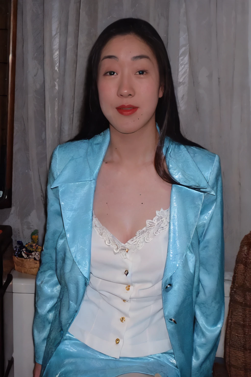 araffe woman in blue jacket and white top sitting on a chair, 派手なwearing a jacket, Wearing Blue Cheongsam, in a blue qipao, wearing blue jacket, wearing a blue jacket, wearing a jacket, jacket over naked torso, Jen Gee, wearing a plastic blue dress, blue jacket, wearing a light blue suit, wearing white silk