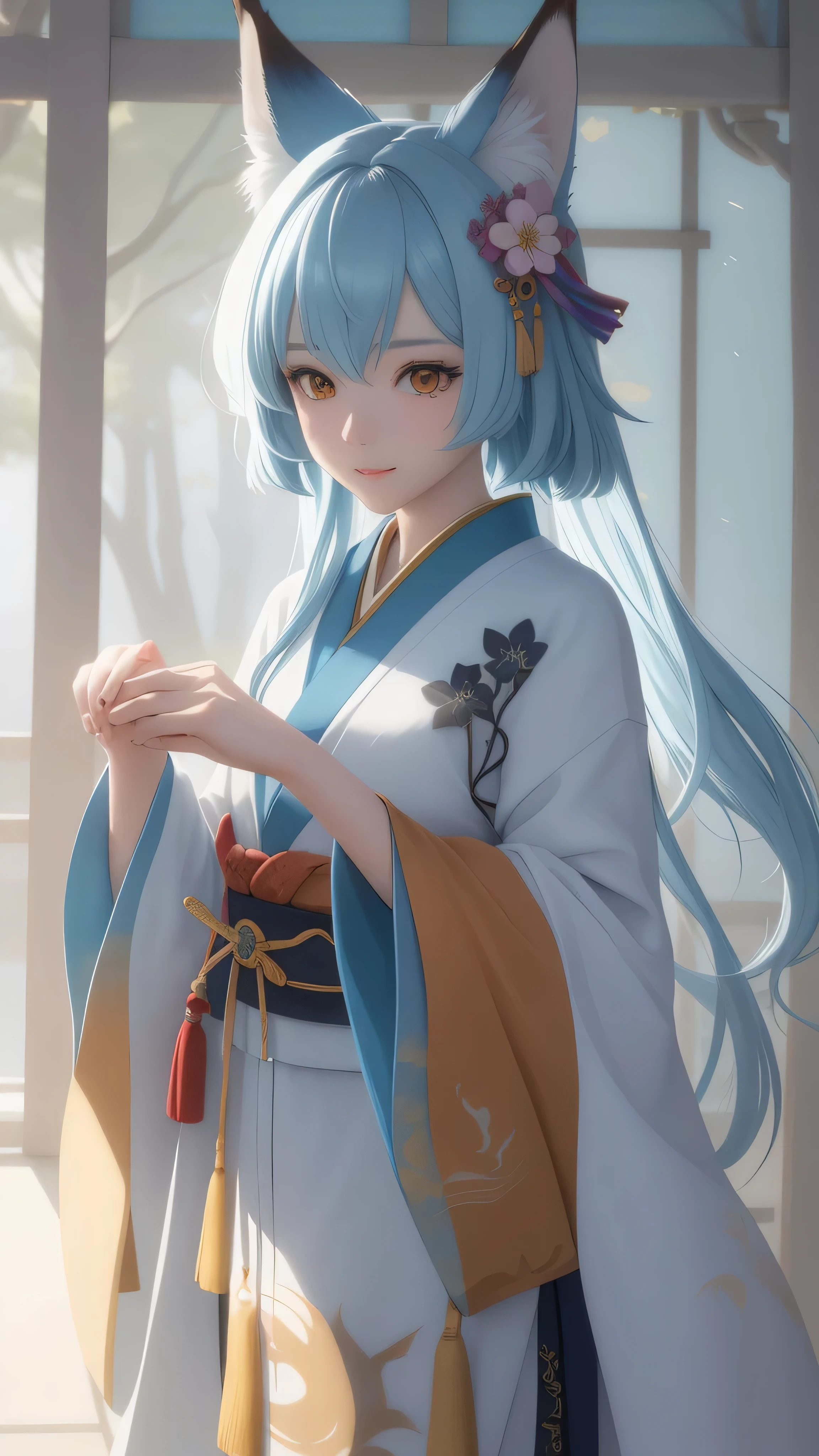 masterpiece , highest quality, close, masterpiece, beautiful details, colorful, delicate details, delicate lips, intricate details, genuine, ultrargenuineista, 枝に座っている色とりどりの髪のFoxを持つ女の子:cute, light makeup, ,色とりどりのFox, Raposa the Nine Tails, 三尾Fox, 三尾Fox, Onmyoji detailed art, beautiful fine art illustration, mythical creatures, Fox, beautiful digital art,shrine maiden,japanese architecture,Holding hands,exquisite digital illustration, mizutsune, Inspired by mythical wild nest creatures, pixiv in digital art, dazzling light, high contrast, Mysterious,枝に座っている色とりどりの髪のFoxを持つ女の子,front,look at the camera