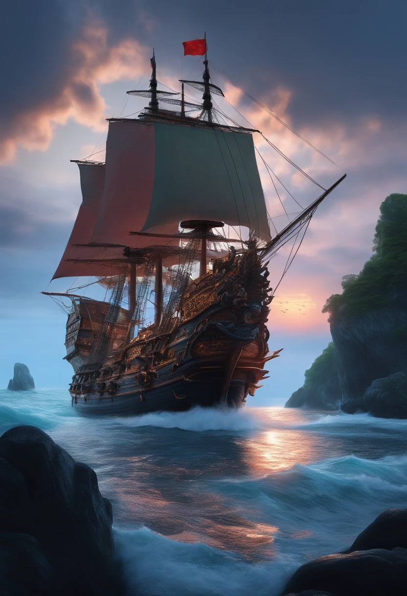 Chinese pirate ship at dawn