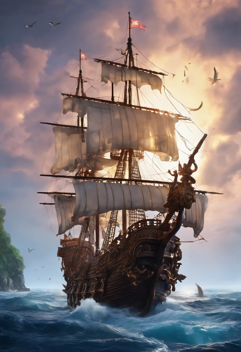 Chinese pirate ship at dawn