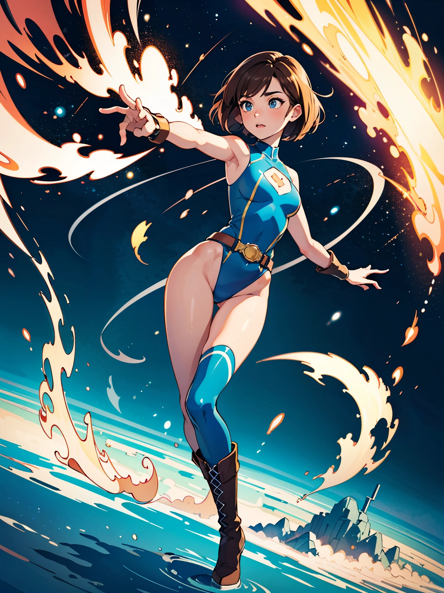 (((pixel-perfect, detail-perfect))), 1girl, superhero, leotard, highleg leotard, bare legs, boots, standing, solo focus, golden belt, outstretched arms, spins fast in place like a tornado, full body shot, outer space, sleeveless, ultra highres, absurdres, beautiful face, detailed eyes, symmetric eyes, perfect body, good proportions, mature lady, brown hair, bob hair, (blue light, light swirls around her body), ((only five fingers))