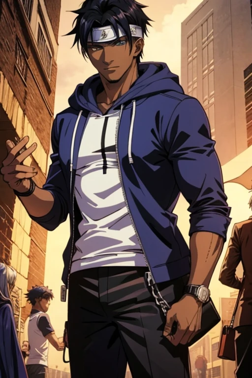 1 guy, dark skin, solo, masterpiece, best quality, anime, ultra-detailed, 2D full-body character image of Madara and Kakashi from Naruto and Cid from Eminence in the Shadows fusion into one single guy with dark skin and black hair, wearing a hoodie, removing the head band, dark theme with hints of blue, purple, green, and turquoise. A nice smile.