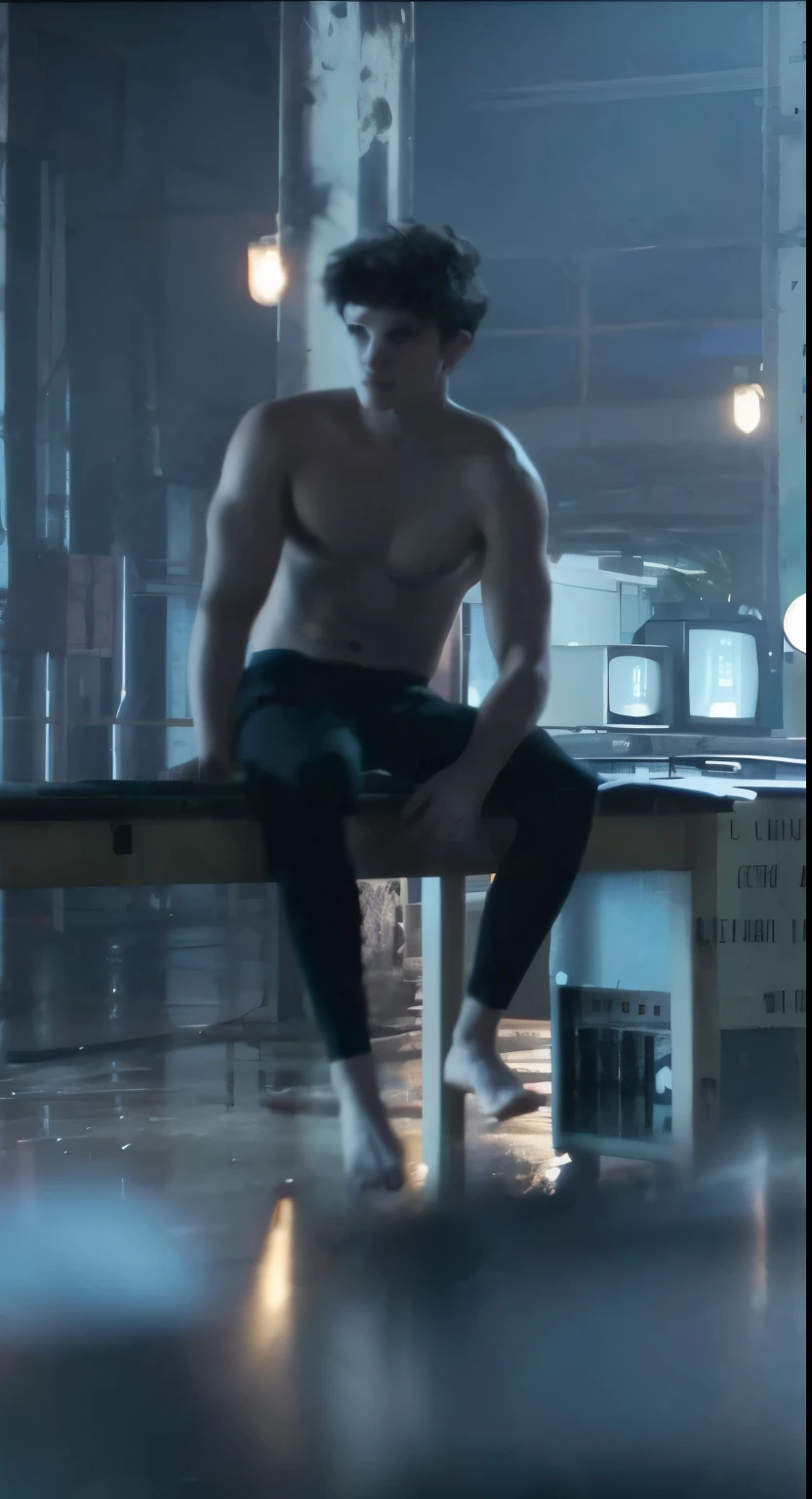 oung man, 25 years old, european, short black hair, pale skin, shirtless, black trousers, twink, skinny sitting on table
