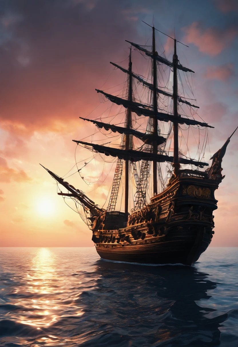 Chinese pirate ship at dawn