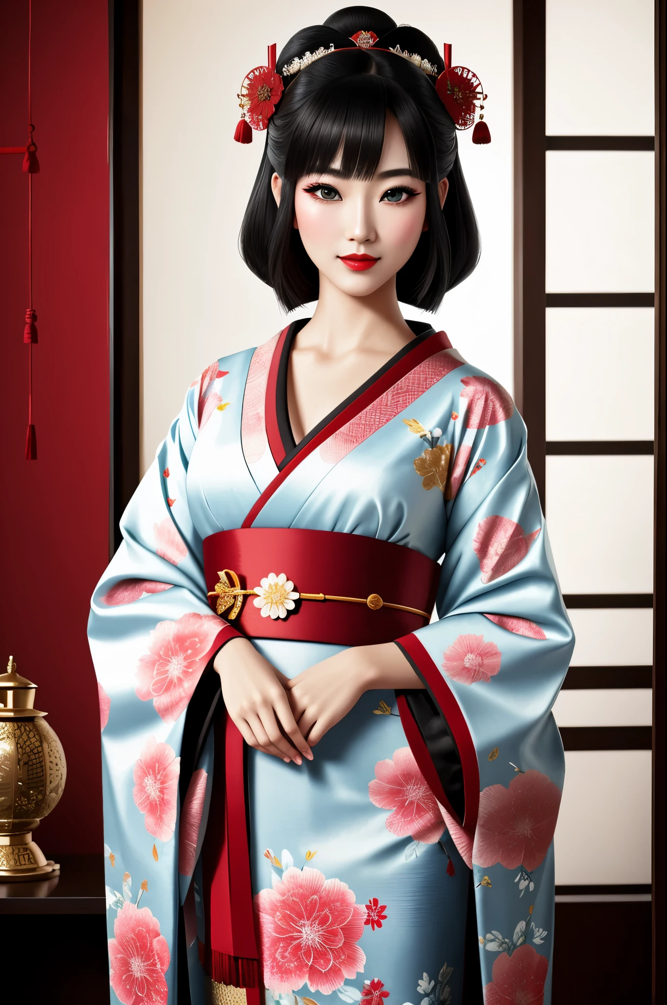 1 young geisha, full body shot, traditional japanese beauty, kimono with highly detailed traditional pattern, kanzashi and other japanese traditional women's hair ornaments, flirts with camera, seducing smile, ultra sexy, fancy makeup, heavy eye makeup, red lipstick, in traditional japanese interior, (Best Quality, 16K, Masterpiece, UHD, Ultra quality cinematic lighting, Huge detail, Well lit, 35mm, sharp, hyper realistic, epic scale, insane level of details, beautiful detailed girl, very detailed eyes and face, beautiful detailed eyes, ultra detailed skin, realistic skin)