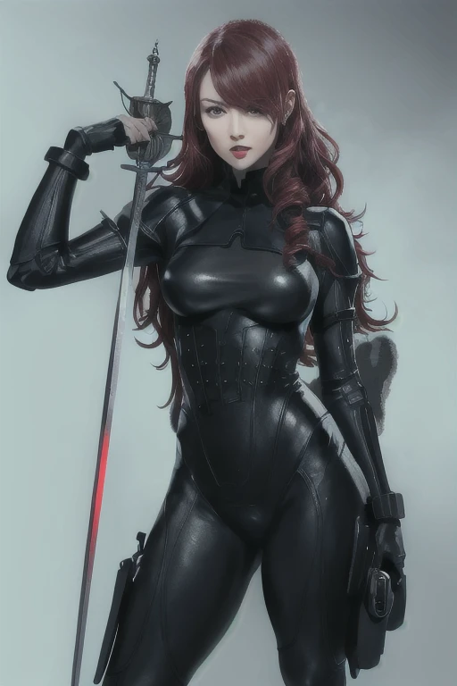 a woman with red lipstick has armor on and is holding a sword, kirijou mitsuru, 1girl, solo, hair over one eye, long hair, (((red hair))), (((red eyes))), weapon, rapier, sword, bodysuit, black bodysuit, grey bodysuit, hand on hip, (((large breasts))), simple background, white background, (purple theme:1.2)