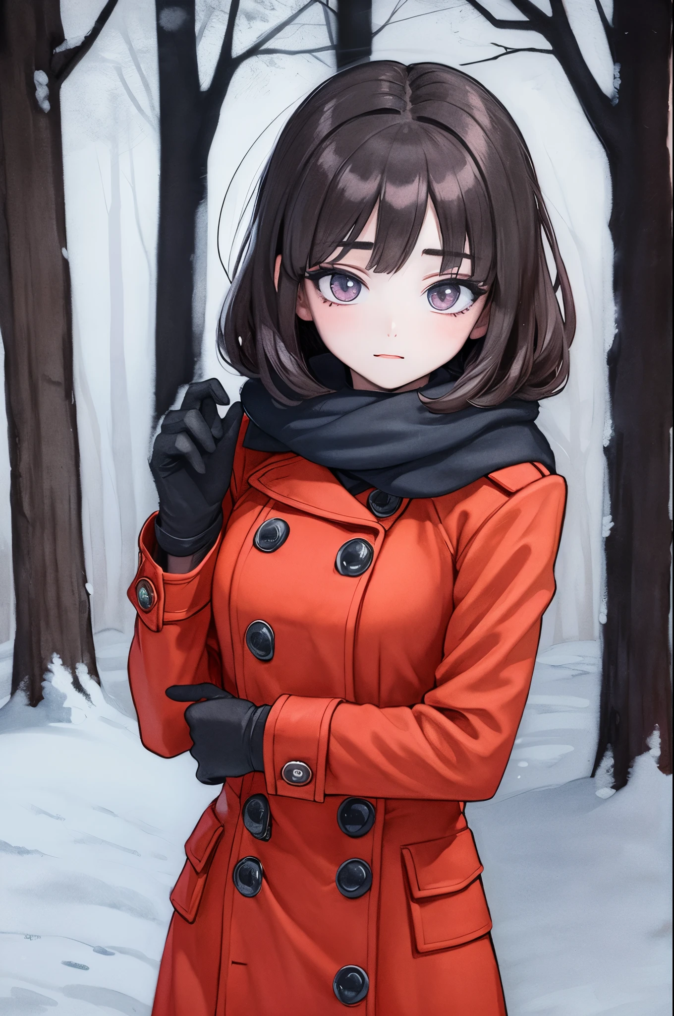 beautiful young lady wearing a red overcoat, scarves, gloves. in a middle of a snowstorm night time forest. dark place, no visible light. yandere face