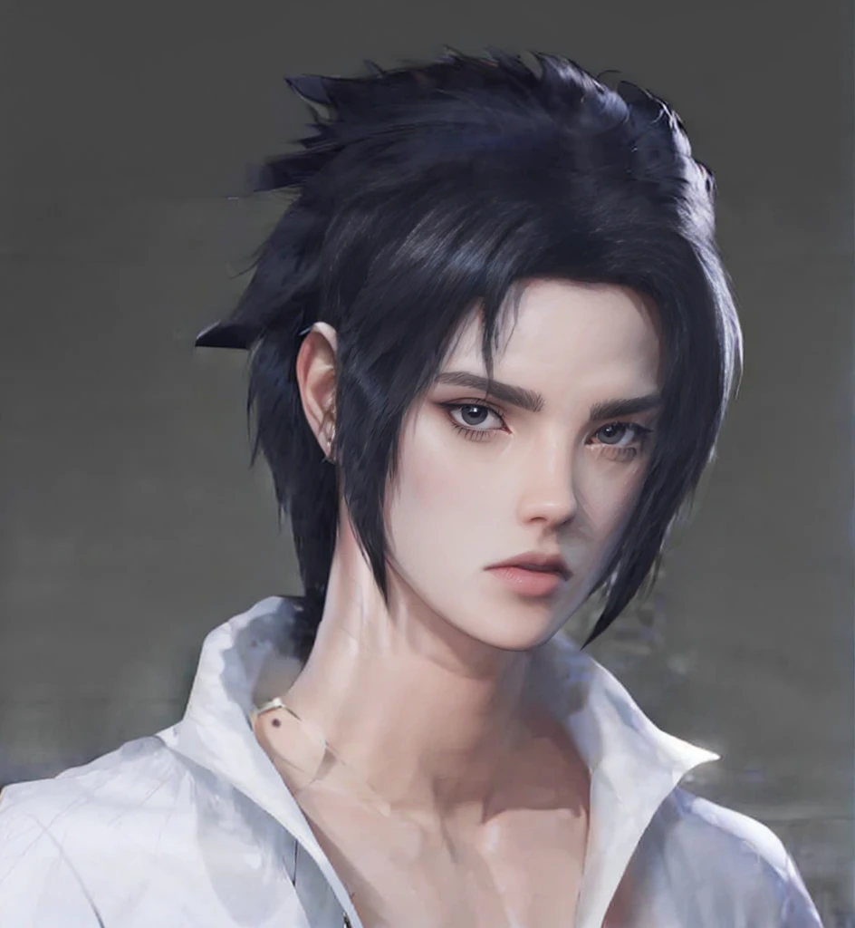 young man, pale skin, spiky black hair, black eyes, big lips, marked jaw, sexy, white clothes, Sasuke Uchiha, realistic, realism, 3d