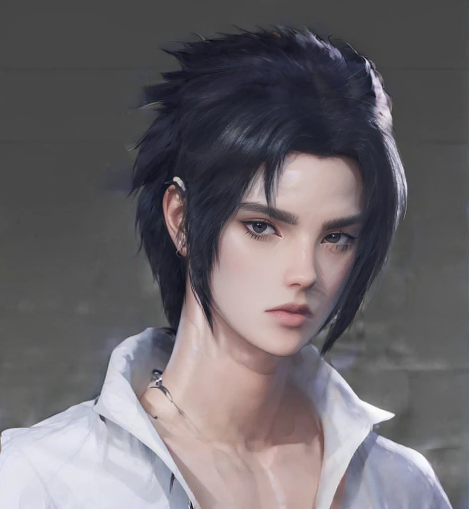 young man, pale skin, spiky black hair, black eyes, big lips, marked jaw, sexy, white clothes, Sasuke Uchiha, realistic, realism, 3d