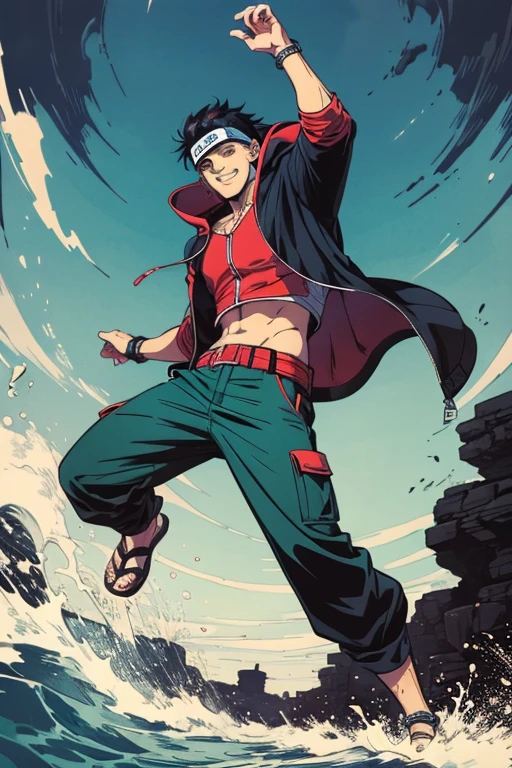 1 guy, dark skin, solo, masterpiece, best quality, anime, ultra-detailed, 2D full-body character image of Madara and Kakashi from Naruto and Cid from Eminence in the Shadows fusion into one single guy with dark skin and black hair, wearing a hoodie, removing the head band, dark theme with hints of blue, purple, green, and turquoise. A nice smile.