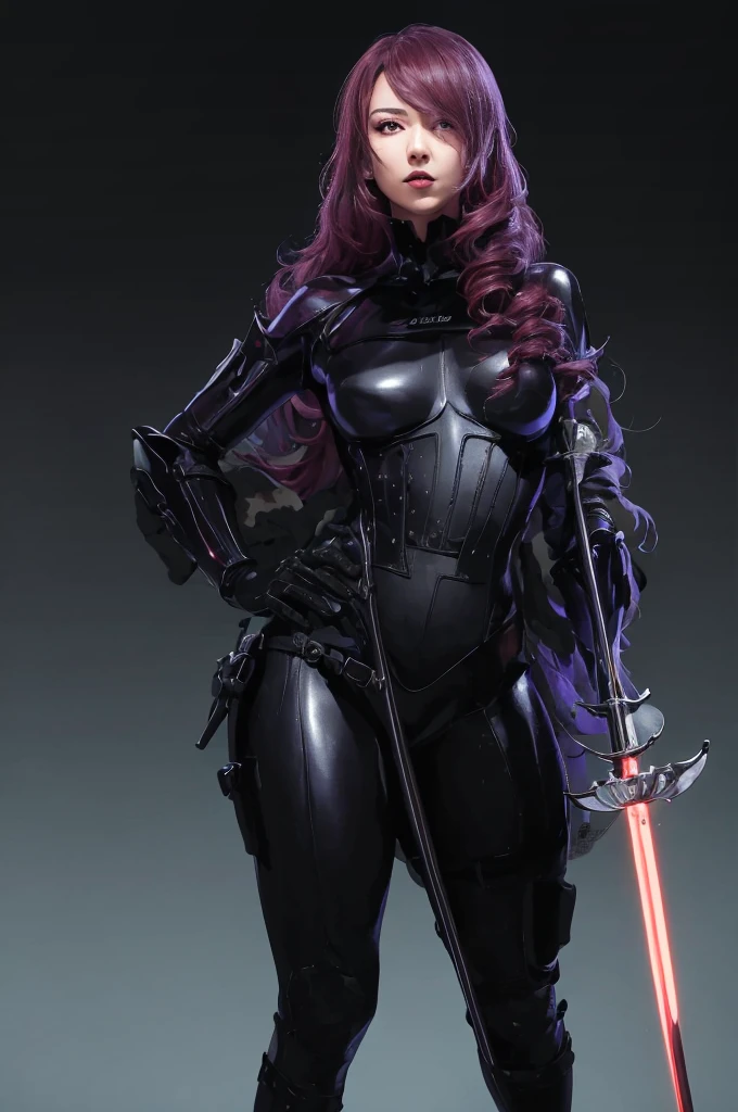 a woman with red lipstick has armor on and is holding a sword, kirijou mitsuru, 1girl, solo, hair over one eye, long hair, (((red hair))), (((red eyes))), weapon, rapier, sword, bodysuit, black bodysuit, grey bodysuit, hand on hip, (((large breasts))), simple background, white background, (purple theme:1.2)