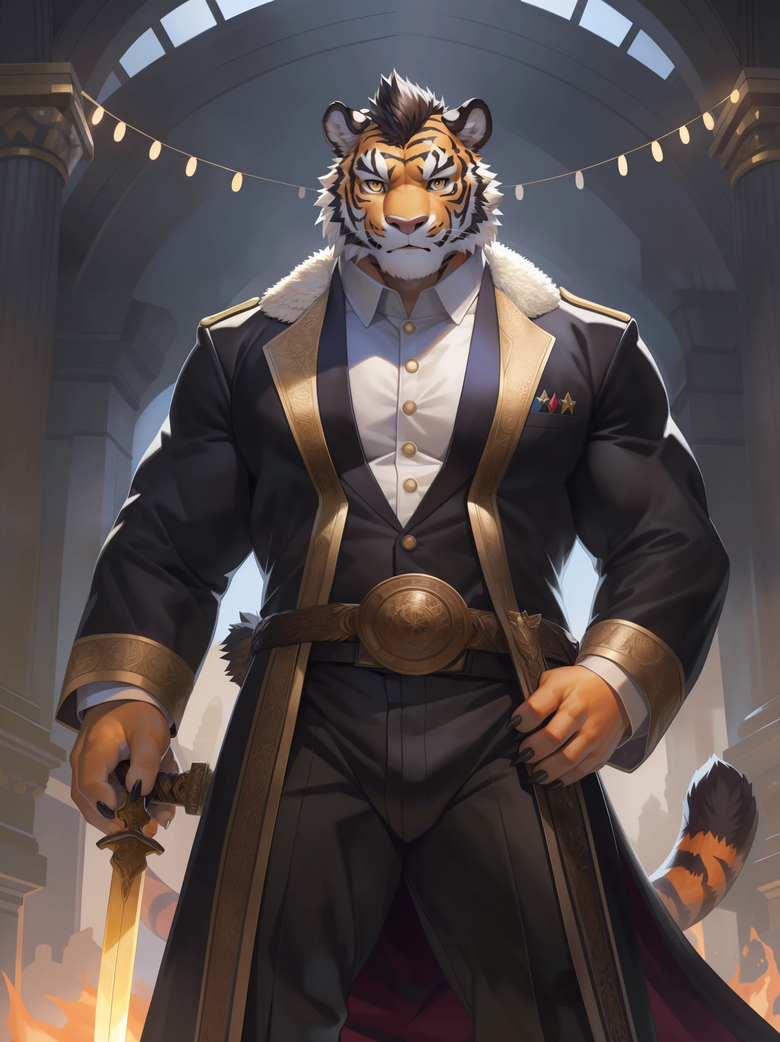solo,anthro,furry,furry male, Tiger((fluffy fur,fluffy,furry body)), (orange fur, tiger print), (orange body), yellow eyes, black stripes, tails, detailed fluffy fur, black jacket, detailed face, detailed eyes, short hair, dark brown mohawk, white decorative captain coat, black jacket, uniform, gold trimmings, white pants, dark short brown hair, coat, white shirt, gold buttons, coat on shoulders, decorative sword, sword around waist, full body, claws, fantasy grand hall, (by null-ghost,by raccoon21, masterpiece, high quality,hi-res,8k had), standing,close-view portrait, looking at viewer, indoor, (statues), lights, serious expression, dark shadows, banners, powerful pose, brazier, carpet, flag,