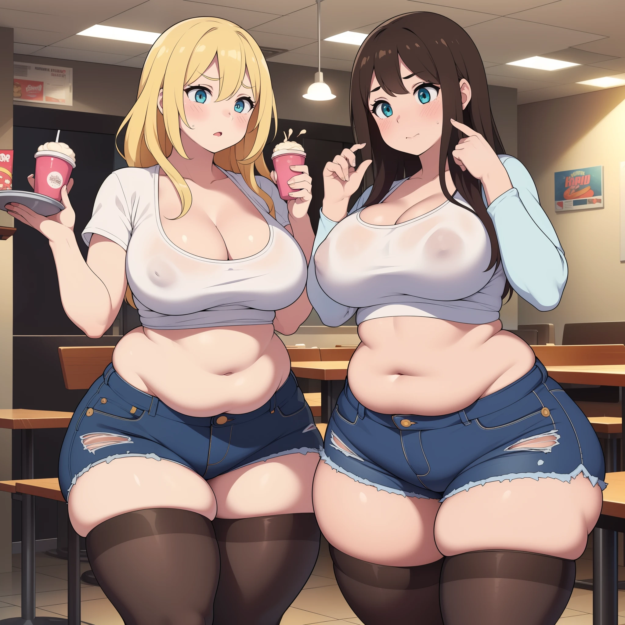 ((Masterpiece)), perfect anatomy, perfect shading, field of depth, (best quality), extremely delicate and beautiful, perfect lighting, detailed face, ultra cute face, cute, ((blush)), nervous, ((2girls)), 

one girl has blonde hair, blue eyes, crop top and shorts, one girl has brown hair, green eyes, jeans, white shirt, thighs clothes, full body, medium breasts, cleavage, ((wide hips)), ((thick thighs)), ((chubby)), pudgy belly, fat folds, 

fast food restaurant, standing,
