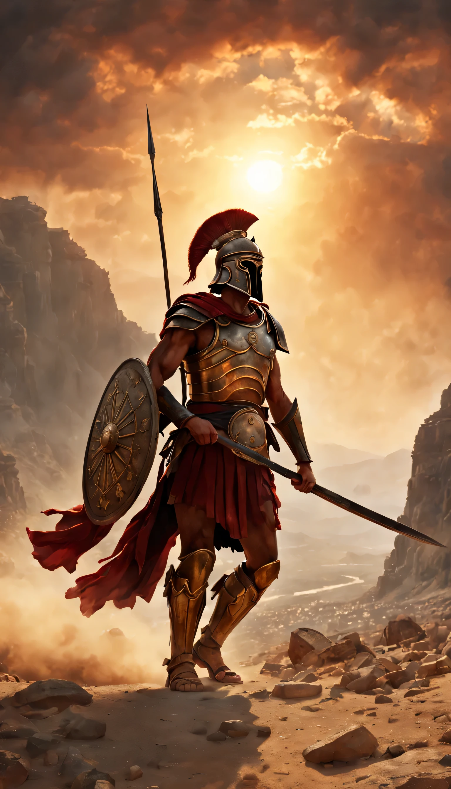 [(best quality,4k,8k,highres,masterpiece:1.2),ultra-detailed,realistic:1.37],vast horizon,narrow pass,Thermopylae,rugged cliffs,beautiful sunset sky,crimson clouds,glowing sun rays,ancient Greek warriors,battle formation,spartan soldiers in bronze armor,shiny spears and shields,stoic expressions,determined eyes,intense atmosphere,dust swirling in the air,worn-out sandals,kicking up dust,tension in the air,wind whistling through the pass,dramatic lighting,deep shadows,faint echoes of war chants,sense of history,unyielding spirit,bravery and resilience,defending the land,overwhelming odds but unwavering determination,valor and honor,immortalizing this moment in art.