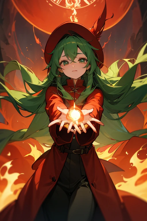 red hat、red long leather coat、long hair、Deep green hair、26 years old、fantasy、eyes are long、long eyelashes、highest quality、masterpiece、fire wizard、flame magic circle、stretch both hands to the sky。