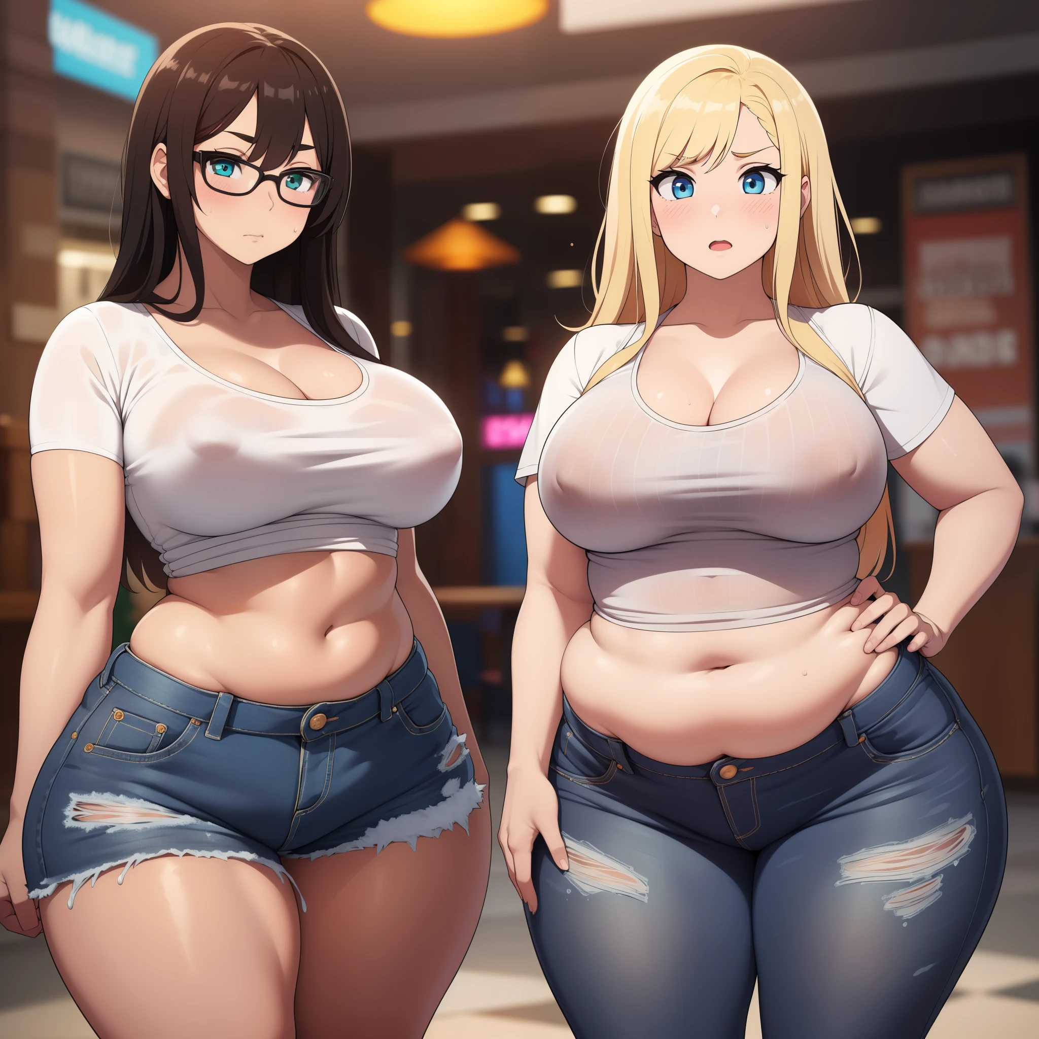 ((Masterpiece)), perfect anatomy, perfect shading, field of depth, (best quality), extremely delicate and beautiful, perfect lighting, detailed face, ultra cute face, cute, ((blush)), nervous, ((2girls)), 

one girl has blonde hair, blue eyes, crop top and shorts, one girl has brown hair, green eyes, jeans, white shirt, thighs clothes, full body, medium breasts, cleavage, ((wide hips)), ((thick thighs)), ((chubby)), pudgy belly, fat folds, 

fast food restaurant, standing,