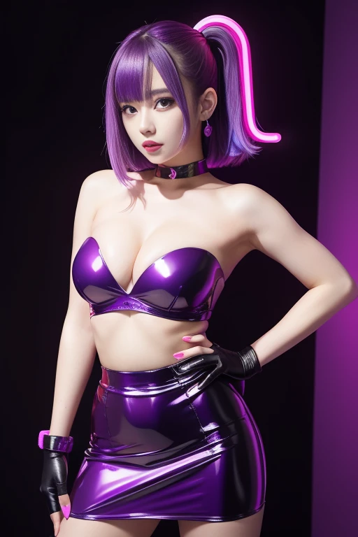 female idol、full body Esbian、glossy shiny latex strapless bra (neon purple)、glossy shiny latex mini skirt (neon purple)、Colorful hair、