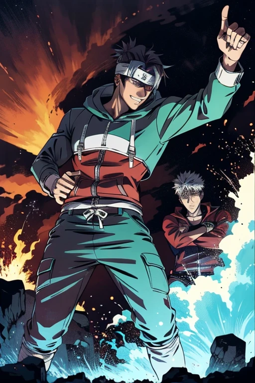 1 guy, dark skin, solo, masterpiece, best quality, anime, ultra-detailed, 2D full-body character image of Madara and Kakashi from Naruto and Cid from Eminence in the Shadows fusion into one single guy with dark skin and black hair, wearing a hoodie, removing the head band, dark theme with hints of blue, purple, green, and turquoise. A nice smile.