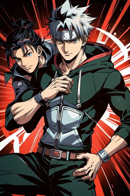 1 guy, dark skin, solo, masterpiece, best quality, anime, ultra-detailed, 2D full-body character image of Madara and Kakashi from Naruto and Cid from Eminence in the Shadows fusion into one single guy with dark skin and black hair, wearing a hoodie, removing the head band, dark theme with hints of blue, purple, green, and turquoise. A nice smile.