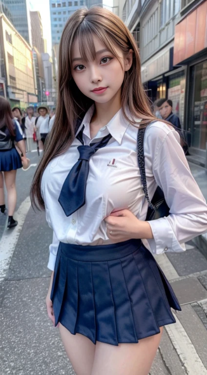 (8K, RAW photo, highest quality, masterpiece:1.2), (realistic, photo-realistic:1.4), (extremely detailed 8K wallpaper), sharp focus, Depth of bounds written, cinematic lighting, soft light, detailed beauty eyes,shiny smooth light brown long bob hair, asymmetrical bangs, shiny skin, super dense skin ,High resolution, high detail, detailed hairstyle, detailed beauty face, hyper realistic, perfect limbs, perfect anatomy ,1 Japanese girl,famous japanese idol, perfect female body, big breasts,smile,short eyelashes,double-edged eyelids,long bob hair, (school uniform:1.3),(mini skirt navy mini skirt), looking at the viewer, (crowded city street:1.3),cowboy shot