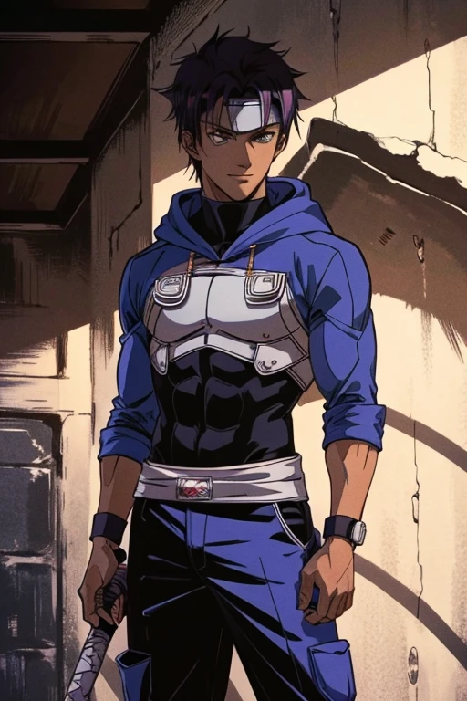 1 guy, dark skin, solo, masterpiece, best quality, anime, ultra-detailed, 2D full-body character image of Madara and Kakashi from Naruto and Cid from Eminence in the Shadows fusion into one single guy with dark skin and black hair, wearing a hoodie, removing the head band, dark theme with hints of blue, purple, green, and turquoise. A nice smile.