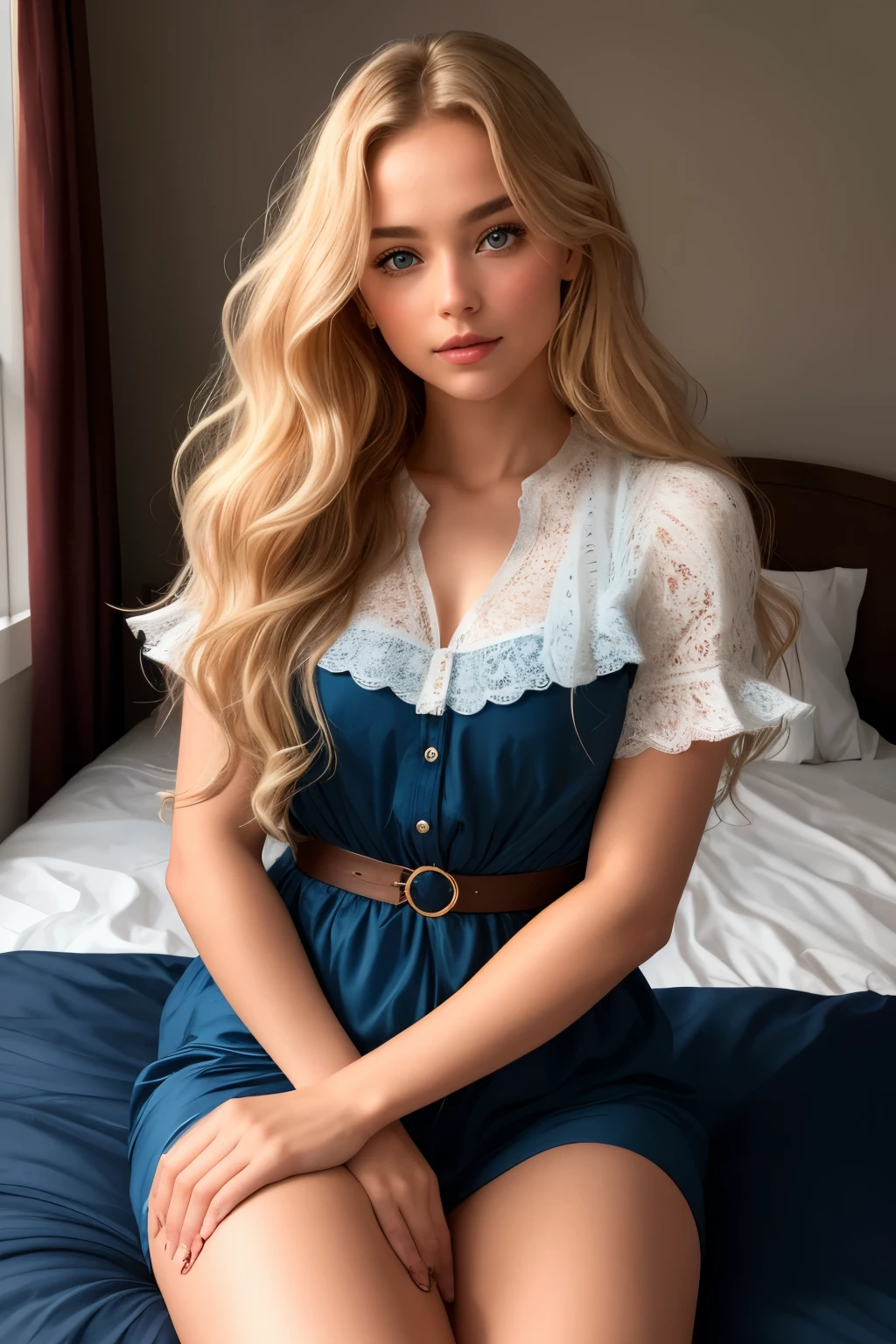 A top-quality image of a stunning European woman, around 25 years old, with long, wavy blonde hair, characterized by fine skin and a narrow waist. She is seated on the edge of a bed in a bedroom environment, wrapped in a sheet, with a soft, glowy complexion and natural makeup. Her eyes, a captivating blue, are expressive and full of life. The room is dimly lit with film lighting, creating dramatic and intriguing shadows. The details of her super-detailed face, including her perfect, constellation-like irises, are accentuated by the thin face and inconspicuous pose. Her blouse reveals a hint of her slim waist, as