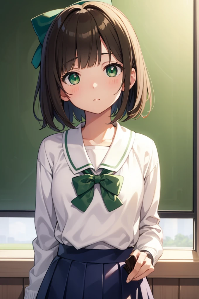 harukaamami, haruka amami, brown hair, (green eyes:1.5), short hair, (hair bow:1.5), hair ribbon, bangs, blunt bangs, (small breast:1.2),
BREAK bag, bow, , serafuku, skirt, sweater, long sleeves, red bow, blue skirt, grey sweater,
BREAK looking at viewer,
BREAK indoors, classroom,
BREAK (masterpiece:1.2), best quality, high resolution, unity 8k wallpaper, (illustration:0.8), (beautiful detailed eyes:1.6), extremely detailed face, perfect lighting, extremely detailed CG, (perfect hands, perfect anatomy),