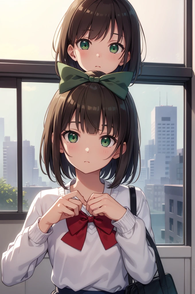 harukaamami, haruka amami, brown hair, (green eyes:1.5), short hair, (hair bow:1.5), hair ribbon, bangs, blunt bangs, (small breast:1.2),
BREAK bag, bow, , serafuku, skirt, sweater, long sleeves, red bow, blue skirt, grey sweater,
BREAK looking at viewer,
BREAK indoors, classroom,
BREAK (masterpiece:1.2), best quality, high resolution, unity 8k wallpaper, (illustration:0.8), (beautiful detailed eyes:1.6), extremely detailed face, perfect lighting, extremely detailed CG, (perfect hands, perfect anatomy),