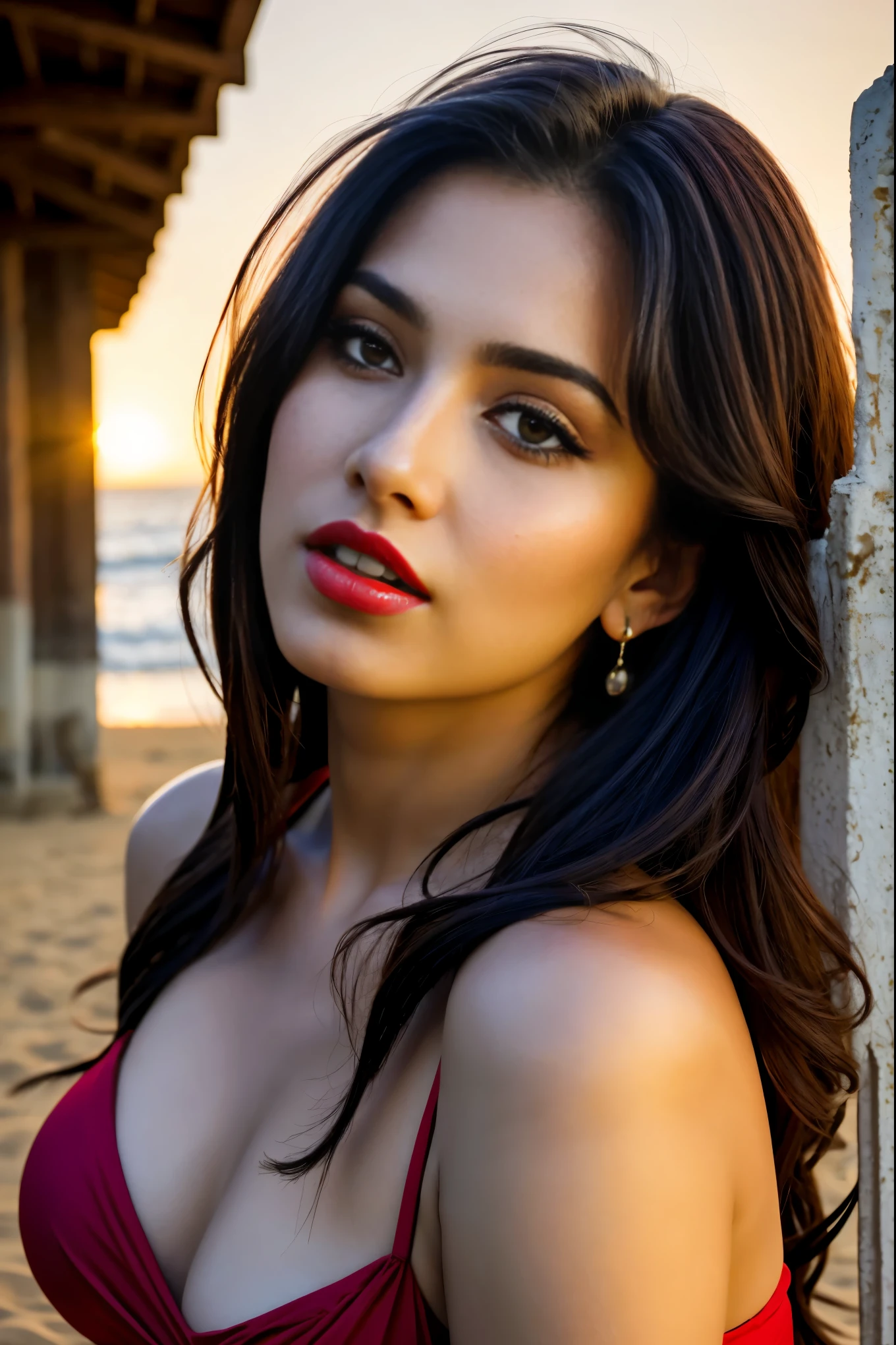 Ultra realistic cinematic soft light and ultra detailed red hour portrait,1girl in, age19, Solo, Long hair, Colossal tits, Looking at Viewer, black hair, Bare shoulders, Brown eyes, Full body, off shoulders, red football t-shirt, Realistic, A sexy, 4K, max quality, small breasts, super sharp image, 8K, beautiful pose, playboy model, photo session, red lips, headshot, masterpiece, sex bomb, kashmiri, detailed body, Egyptian dress, chewing lips, highly detailed, seducing, seductive,face only, perfect lightening, white skin, good bright lightening, beach , sucking penis,