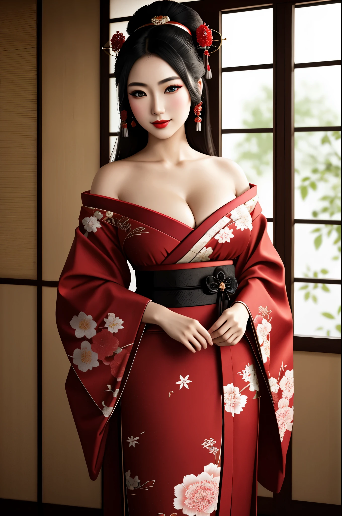 1 young geisha, (((full body shot))), traditional japanese beauty, kimono with highly detailed traditional pattern, kanzashi and other japanese traditional women's hair ornaments, flirts with camera, seducing smile, ultra sexy, fancy makeup, heavy eye makeup, red lipstick, big breasts, cleavage, in traditional japanese interior, (Best Quality, 16K, Masterpiece, UHD, Ultra quality cinematic lighting, Huge detail, Well lit, 35mm, sharp, hyper realistic, epic scale, insane level of details, beautiful detailed girl, very detailed eyes and face, beautiful detailed eyes, ultra detailed skin, realistic skin)