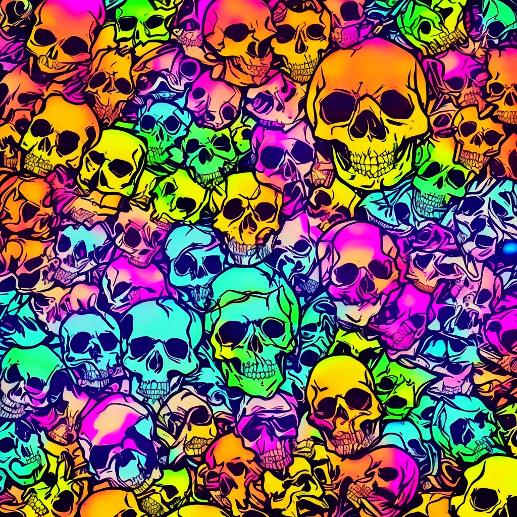 Masterpiece of a Skull: A Skull, with Neon Colors, inspired by T-shirt design, with 16k quality, in the Kawaii style. The work is in a total, centralized frame and focus, with full and wide lighting, maximum quality and maximum detail, and a wide view of the masterpiece, with a smooth white background. The tags are: masterpiece, Kawaii, Neon colors.