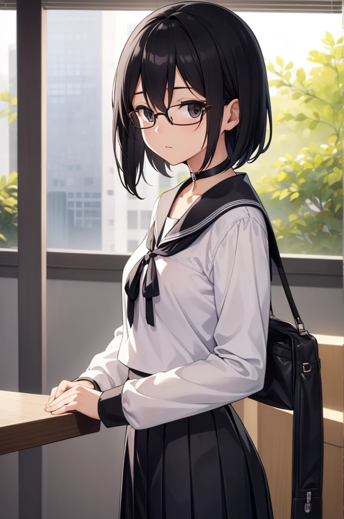 chinatsu, chinatsu, black hair, glasses, mole, (black eyes:1.5), mole under mouth, rimless eyewear, medium hair,
BREAK long sleeves, , serafuku, choker, black choker, skirt, pleated skirt,
BREAK indoors, classroom,
BREAK looking at viewer, (cowboy shot:1.5),
BREAK (masterpiece:1.2), best quality, high resolution, unity 8k wallpaper, (illustration:0.8), (beautiful detailed eyes:1.6), extremely detailed face, perfect lighting, extremely detailed CG, (perfect hands, perfect anatomy),