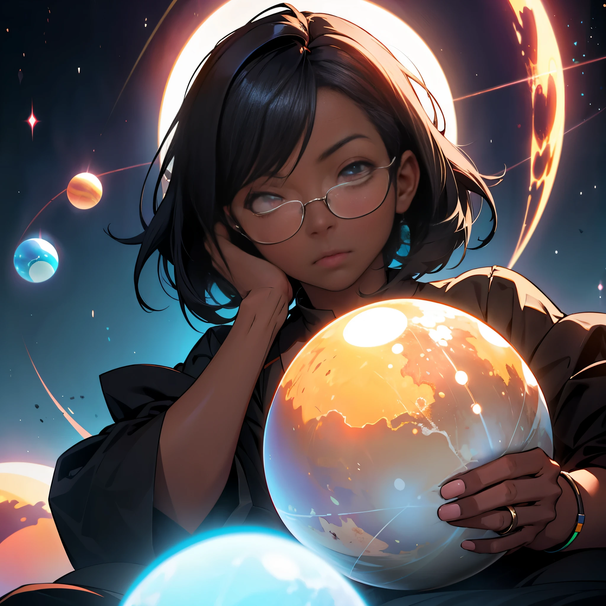 ((1girl in)), Anime, short dark hair, Dark skin, Glossy glasses lenses, Mouth closed and expressionless, Sitting, Her hands hold glowing orbs.、Two other glowing spheres orbit around her. 