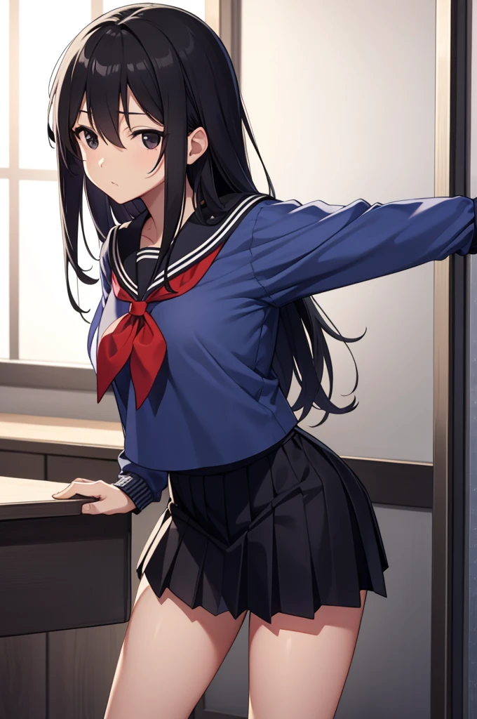 nsfw,alone, (One girl),  girl,single,  , ((White panties)), (wearing only the top half of sailor school uniform), Sailor with un-folded hems,  sexy, (Cowboy Shot),  ((Put your arms behind your head)), classroom, With a girl：Her hair is long and black, Her face is round and cute, Black Hair, Low twin tails, (Are standing),(Shy, Embarrassing),（(pussy juice)）、I&#39;m not wearing a skirt,Wet crotch、Wet,