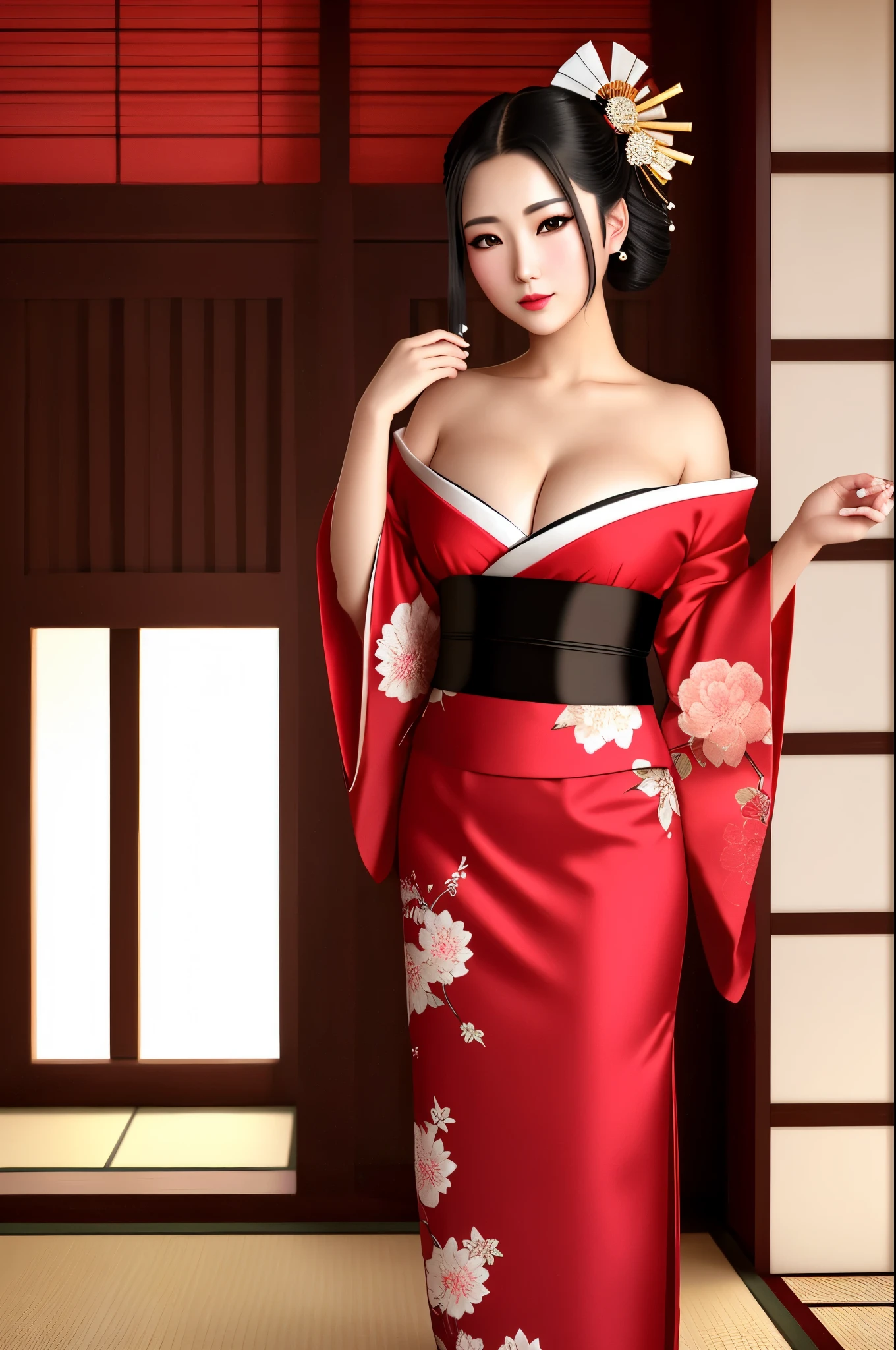 ung geisha, (((full body shot))), traditional japanese beauty, kimono with highly detailed traditional pattern, kanzashi and other japanese traditional women's hair ornaments, flirts with camera, seducing smile, ultra sexy, fancy makeup, heavy eye makeup, red lipstick, big breasts, cleavage, in traditional japanese interior, (Best Quality, 16K, Masterpiece, UHD, Ultra quality cinematic lighting, Huge detail, Well lit, 35mm, sharp, hyper realistic, epic scale, insane level of details, beautiful detailed girl, very detailed eyes and face, beautiful detailed eyes, ultra detailed skin, realistic skin)