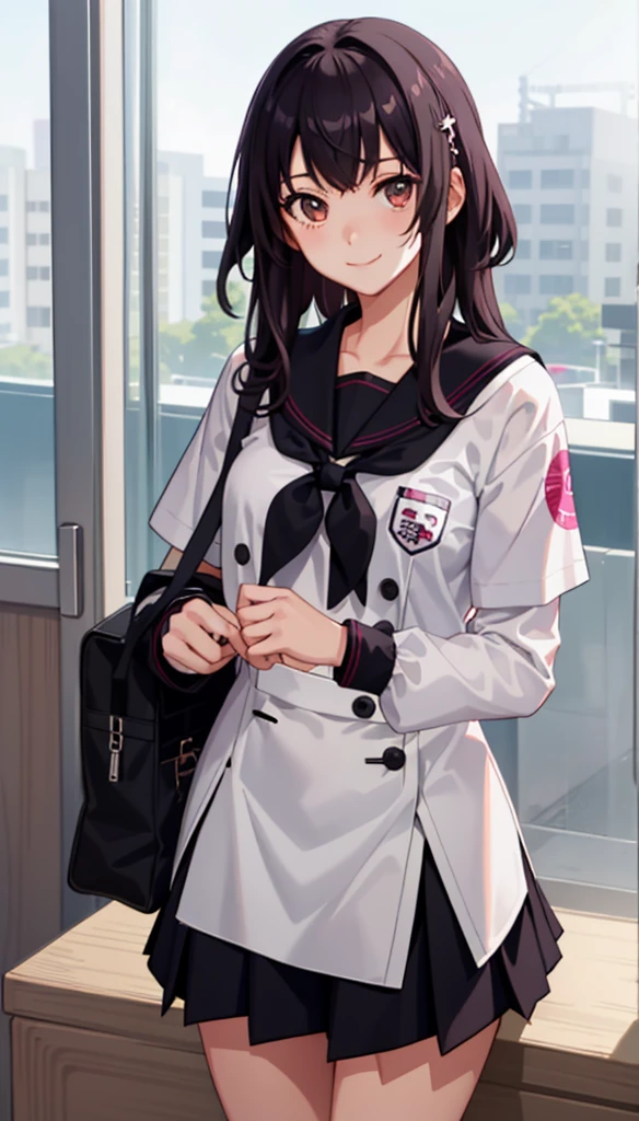 1girl in、A smile、The shirt、skirt by the、（）Chilarism、Japan High School Student Uniform、serafuku、summer clothing、Squall Drenched Uniform、（Sheer Bra）、Upper body portrait、