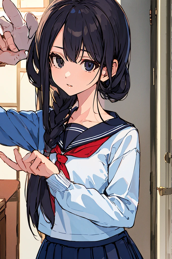 1girl, sakiyoshida, saki yoshida, long hair, hair between eyes, (black eyes:1.5), black hair, BREAK skirt, pleated skirt, serafuku, shirt, (blue shirt:1.2), long sleeves, long skirt, blue skirt, blue sailor collar, sailor collar, neckerchief, red neckerchief, BREAK indoors, classroom, BREAK looking at viewer, BREAK (masterpiece:1.2), best quality, high resolution, unity 8k wallpaper, (illustration:0.8), (beautiful detailed eyes:1.6), extremely detailed face, perfect lighting, extremely detailed CG, (perfect hands, perfect anatomy),